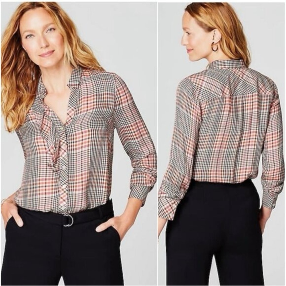 J. Jill Plus Glen Plaid Ruffle Front Button Up Long Sleeve Shirt Blouse Top 4X